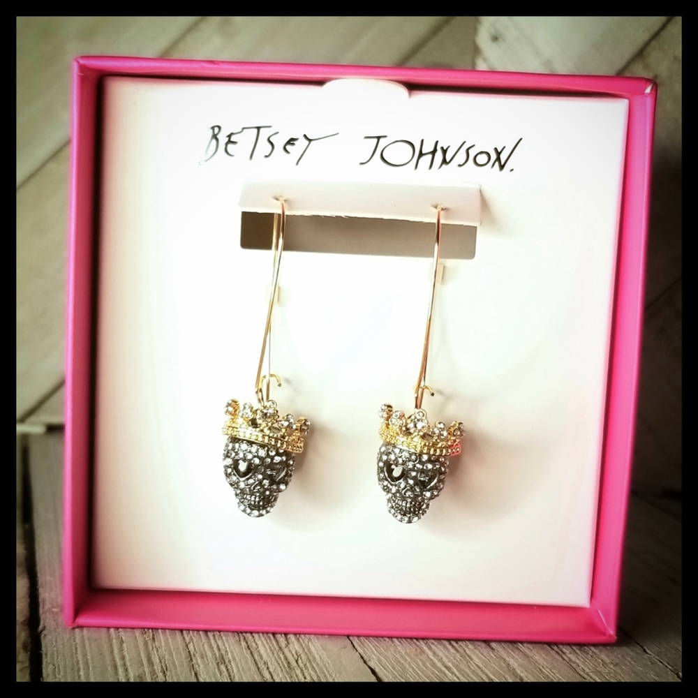 Betsey Johnson Dangle Pave Crystal Skull Earrings
